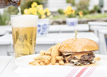 Burger beer and french fries at the burleigh restaurant at kennebunkport inn kennebunkport maine resort collection hotel
